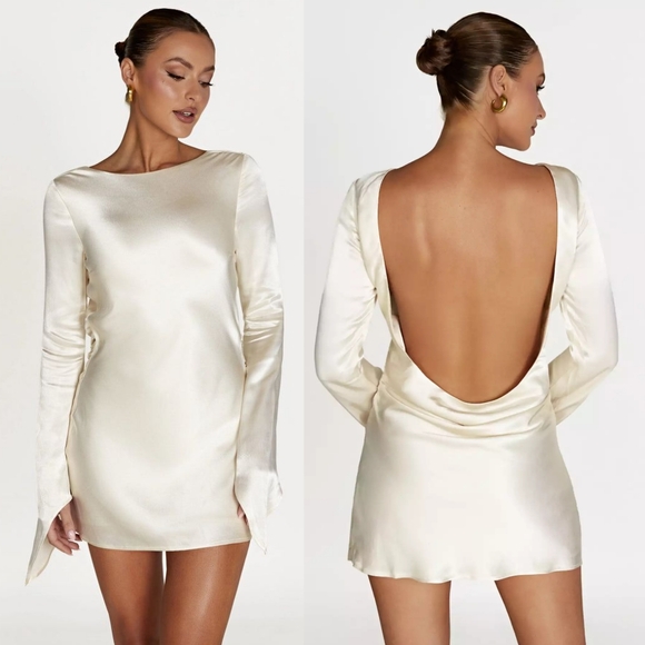 Meshki Dresses & Skirts - Meshki Davina Satin Long Sleeve Open Back Mini Dress in Ivory Size Small